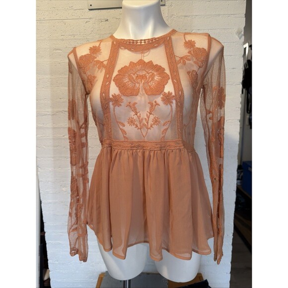 Sheer Embroidered Lace Peplum Top Floral XS Cottagecore Coquette Boho Vintage - Picture 1 of 5